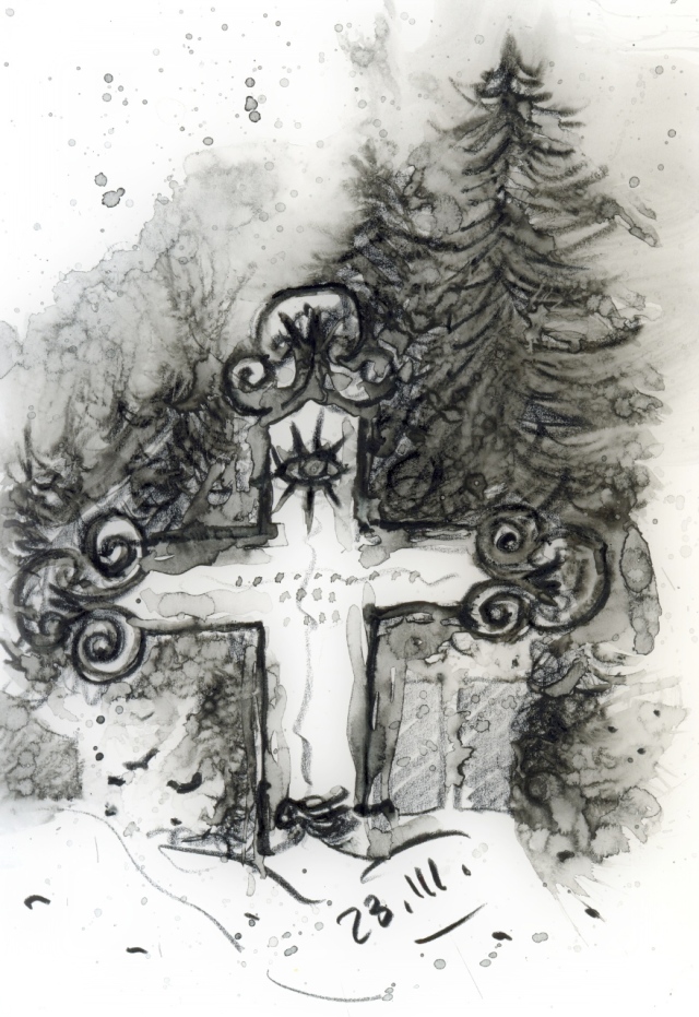 Am 23. März 1849 starb der Bergener Universalgelehrte Johann Jacob Grümbke. Seine Grabstelle befindet sich auf dem Bergener Alten Friedhof. Zeichnung: ARTus